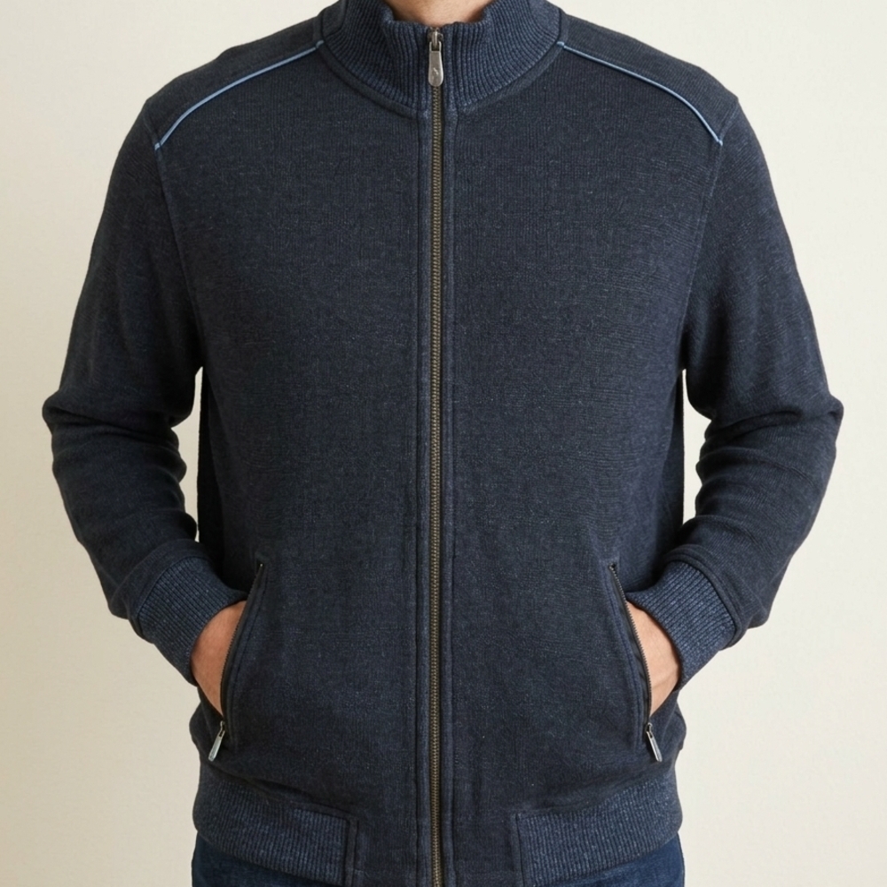 Tommy Bahama Men's XL Full Zip Cotton Knit Jacket Sweater Bomber Black Blue Marl